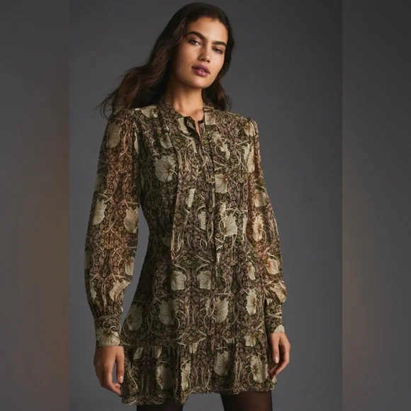 Anthropologie Paige Long-Sleeve V-Neck Dress Silk Brown Pattern - Picture 2 of 6